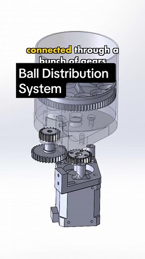 A High Speed Ball Distributor ••• Designed as part of a much bigger project, this distributor was inspired by a gumball machine or a high speed paintball hopper. Using gears, powered is transmitted from a motor to a rotating disk. The balls fall into the holes in the disk and are then routed to a hole in the bottom of the hopper. ••• This is part of a much bigger project, which I’ll show in a future reel! But if you don’t want to wait, there is a full length video available! Check the link in my