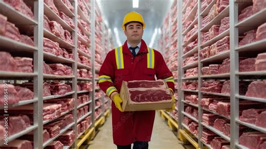 Warehouse worker with Meat: An individual, clad in protective workwear and a hard hat, strides confidently down the expansive aisle of a refrigerated warehouse, cradling a package of fresh meat.