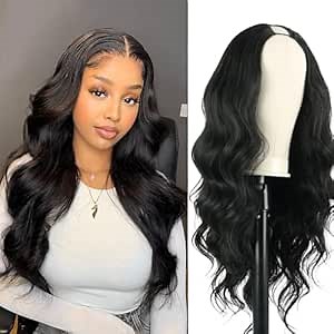 KRSI V Part Wig Body Wave Glueless Wig Clip in Extensions Thin Long Wavy Black Half Wig for Black Women, Hair No Leave Out V Part Wigs Beginner Friendly No Sew in Synthetic Wigs(24 inch)