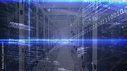 Thin blue light scan initiating binary streams, code panels crossing server aisle showing data flow