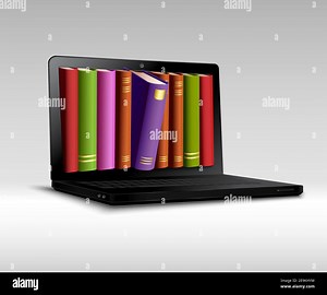 Digital library concept with 3d realistic book shelf in notebook vector illustration Stock Vector Image & Art - Alamy