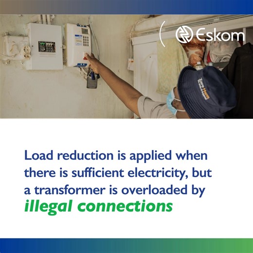 Should you encounter an outage during peak hours (05:00 - 09:00 or 17:00 - 22:00), kindly refer to the load reduction schedule available at https://www.eskom.co.za/distribution/load-reduction/ . If your area is not scheduled for load reduction, please report your power outage via our chatbot by sending a WhatsApp to 08600 37566 or use the USSD channel *120*37566#. | Eskom Hld SOC Ltd