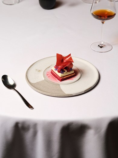 Spring melts into summer but berries keep their sweetness. Strawberries and raspberries take pride of place alongside violette, goats milk and vanilla in this dessert. | Aria Restaurant