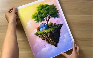 How to Paint Flying Island - Acrylic Painting Art ► List of colors : - white, medium yellow, rose, and ultramarine for underpaint background / - burnt umber and paynes grey for underpaint Island and highlight with burnt sienna, yellow ochre and a bit of white / - use sap green and yellow ochre for grasses and highlight with light green and lemon yellow / - cerulean blue , magenta, medium yellow for mini house, paynes grey white for roof / - underpaint tree leaves with sap green a bit of deep gre