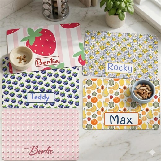 Personalized Dog Food Mat, Custom Dog Placemat, Whimsical Fruit Print, Non Slip Pet Food Mat, Custom Dog Lover Gift, Cat Lover Gift - Etsy