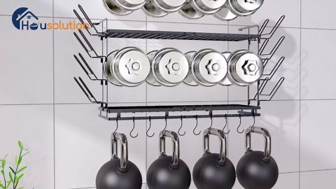 Housolution Pot Rack Wall Mounted, 22''-30'' Length Expandable, 3 Level Height Adjustable, 2 Tier Heavy Duty Hanging Pan Organizer with 12 Hooks and 8 Lid Holders, Cookware Utensil Hanger for Kitchen