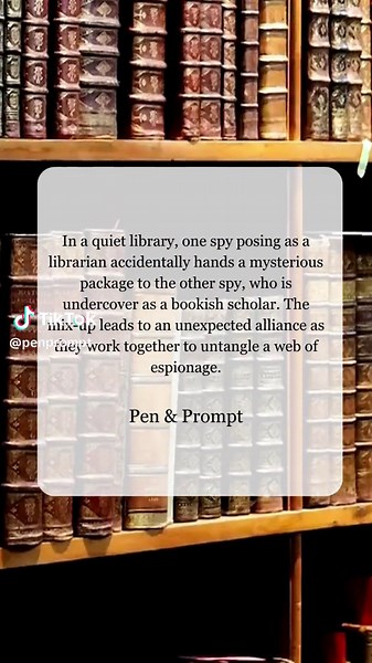 In a quiet library, one spy posing as a librarian accidentally hands a mysterious package to the other spy, who is undercover as a bookish scholar. The mix-up leads to an unexpected alliance as they work together to untangle a web of espionage. #writingprompts #storyideas #creativewriting #spyfiction