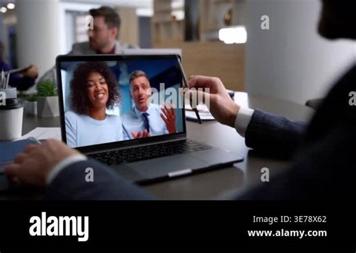 Multiethnic couple talking at webcam conference with unrecognized manager close up. Shoulder view business partners have laptop video call. Smiling coworkers greeting businessman at remote videochat Stock Video Footage - Alamy