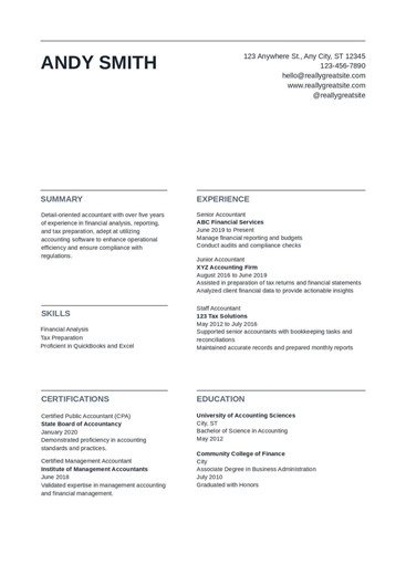 CV Template for a Senior Accountant - Etsy