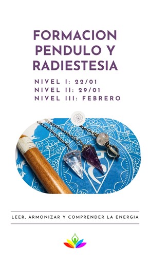 Espacio Arcoiris Holístico on Instagram: "🔮 Formación en Péndulo y Radiestesia 🧿 Nivel 1 – Balance Energético y Chakras Uso del péndulo para equilibrar chakras, detectar bloqueos y realizar autotesteo. 🧭 Nivel 2 – Diagnóstico con Péndulo Lectura energética de personas y espacios. Búsqueda del origen de malestares. 🔑 Nivel 3 – Radiestesia Avanzada Aura Meter, varillas y práctica completa de sesión energética. ✨ Modalidad online y presencial · Incluye material, video y certificado."