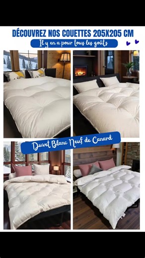 ​🛏️ Parce que chaque dormeur est unique, nous vous proposons 4 modèles de couettes en 205x205 CM 🛏️ Chez Les Duvets du Berry, on vous propose la qualité d'autrefois avec le confort d'aujourd'hui. 🇫🇷 ​✨ Pourquoi choisir nos duvets ? ✅ Vrai Duvet de Canard Blanc NEUF ( gonflant et légèreté garantis!) ✅ Taille 205x205 : Idéal pour vos lits, retombé impeccable. r Rempli parfaitement les housses de couette 200x200. ✅ Finition soignée : Liseré argenté et tissu coton soyeux Percale 100% coton et ce