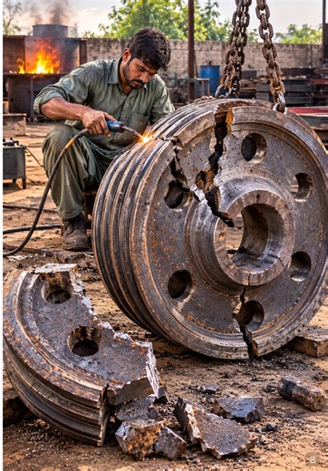 Completely Destroyed Pulley Rebuilt Like New | Amazing Manufacturing Process #PulleyRepair #ManufacturingProcess #MechanicalSkills #HeavyMachinery #AmazingRepair