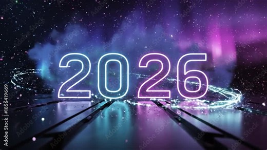 Neon Countdown Timer 00:03 with Aurora Borealis and Fireworks