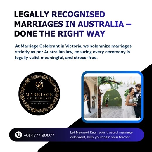 💍 Legally Recognised Marriages in Australia – Done the Right Way 🇦🇺 At Marriage Celebrant in Victoria, we solemnize marriages strictly as per Australian law, ensuring every ceremony is legally valid, meaningful, and stress-free. ✨ Did you know? The standard notice period for marriage can be shortened in special circumstances, with approval from the prescribed authority. We guide you through the entire legal process with care and clarity. Let Navneet Kaur, your trusted marriage celebrant, help