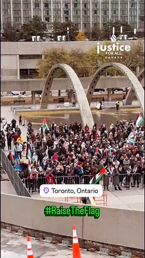 #RaiseTheFlag For the first time in Canadian history, the Palestinian Flag was raised at the Toronto City Hall. 🇵🇸 Everyone gathered here to witness this momentous occasion is a testament that we have the power to change, we have voices of influence and we will not stop speaking up until Palestine is Free. Despite attempts to cancel the ceremony we pushed through. Thank you to local community organizations that made this happen! | Justice for All Canada