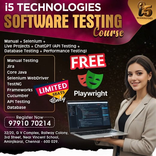 i5 Technologies on Instagram: "🚀 Launch Your IT Career with a Job-Oriented Software Testing Course! Software Testing is one of the most in-demand IT careers today — perfect for freshers, career switchers & non-coding backgrounds. At i5 Technologies, we don’t just train you — we prepare you for real IT jobs. ✅ Manual Testing + Selenium Automation ✅ Core Java + TestNG + Frameworks ✅ Jira + Cucumber ✅ API Testing + Database Testing ✅ Performance Testing ✅ Live Projects + Real-time Industry Scenari