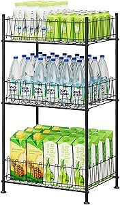 Water Bottle Organizer 3 Tier Water Bottle Holder Storage Rack Metal Drink Beverage Soda Can Organizer Shelf Stand for Floor Pantry Kitchen Classroom Food Storage, Black