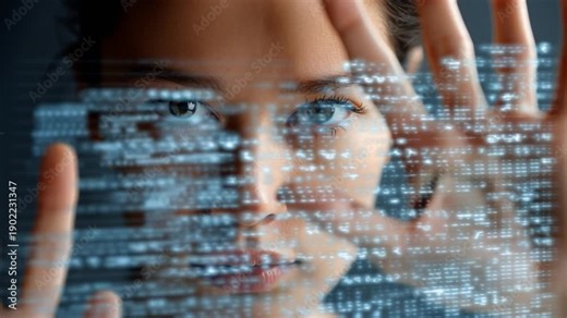 Coding Vision: A woman's focused gaze pierces through a screen of binary code, emphasizing the fusion of human intellect with the world of technology. She frames the digital realm with her hands.