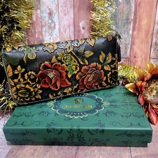 Womens Wallet Bifold Zip Around Purse Embossed Floral Colorful Faux Leather Purse Brown Color in Gift Box Perfect for Her - Etsy