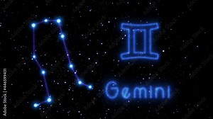 The zodiac sign Gemini is a constellation of bright stars connected by luminous lines. Animation of the star sign of the zodiac in the cosmic night sky. The symbol of the constellation and horoscope Stock Video