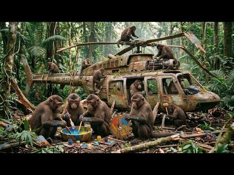 Incredible! Highly Skilled Monkeys Rebuild a Fallen Helicopter in the Jungle 🐒🚁