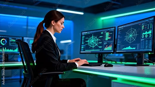 Woman working on computer monitors in office