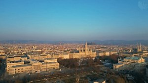 02-22-2025, Vienna, Aerial view of Vienna city center showing the Naturhistorisches Museum, the Maria Theresien platz and the Kunsthistorisches Museum at sunset