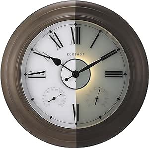 CLXEAST Illuminated Outdoor Clocks Waterproof 24 Inch with Smart Sensor, Large Metal Wall Clocks with Temperature and Humidity for Living Room Decor,Garden Patio,Grey Oak/Faux Barnwood Finish
