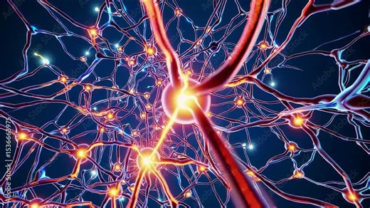 Complex network of interconnected neurons firing and transmitting electrical signals, representing brain activity, neural pathways, and neurological processes