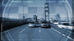 Technology Interface Surveillance and Computer Vision Identification System. Car, People, Traffic Report. Artificial Intelligence, San Francisco Highway.