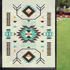 Southwestern Window Film Decorative Window Film,Retro Illustration of a Zigzags Design Triangular Iconic Artwork Motifs Door Window Curtains for Glass Door Home House Ofiice,Pale Yellow 24" x 36"