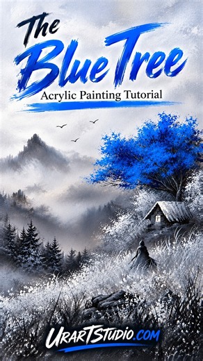 The Blue Tree Beyond the Mist 💙 | Acrylic Painting #AcrylicPainting #LandscapeArt