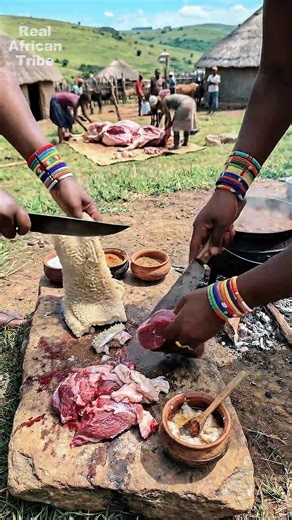 Zulu Tribe Butchering Giant Cow for Village Feast 🔥#tribalcooking #africantribe #shorts