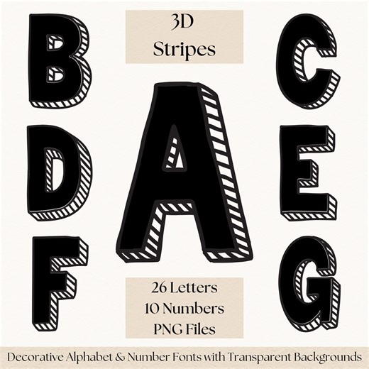 Bold 3D Stripe Font Clipart | Decorative Alphabet PNG | Striped Lettering Font | Transparent Background Letters | Digital Download - Etsy