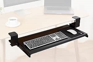 ErgoActive Wide Under Desk Slide Out Keyboard Tray with Clamp On Easy Installation, Fits Full Size Keyboard and Mouse, Under Desk Drawer (Wood Tray)