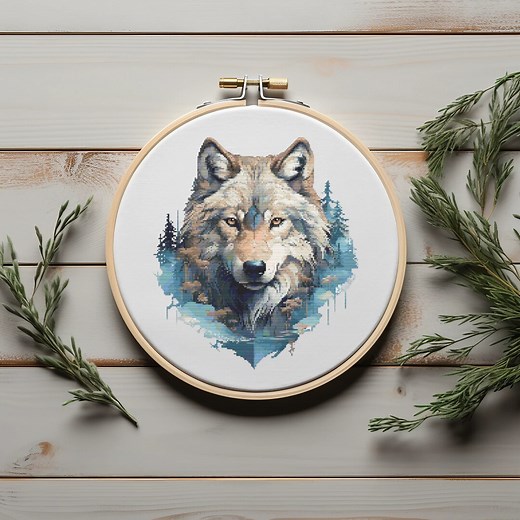 Animal Cross Stitch Pattern With Wolf, Landscape Cross Stitch Designs, Christmas Cross Stitch Chart, Wild Nature Embroidery Pattern, Counted - Etsy