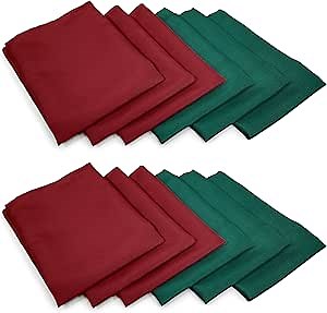 TableLinensforLess Pack of 12, Maroon/Dark Green Christmas Cloth Napkins 20x20 in. Polyester Poplin Dinner Napkins with Hemmed Edges, Machine Washable Napkins Ideal for Parties, Weddings and Dinner