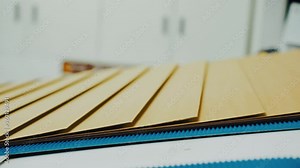 Production of cardboard packaging from recycled paper. Cardboard moving on conveyor belt, pattern, background, close-up. Production of eco-friendly packaging from corrugated cardboard, paper industry.