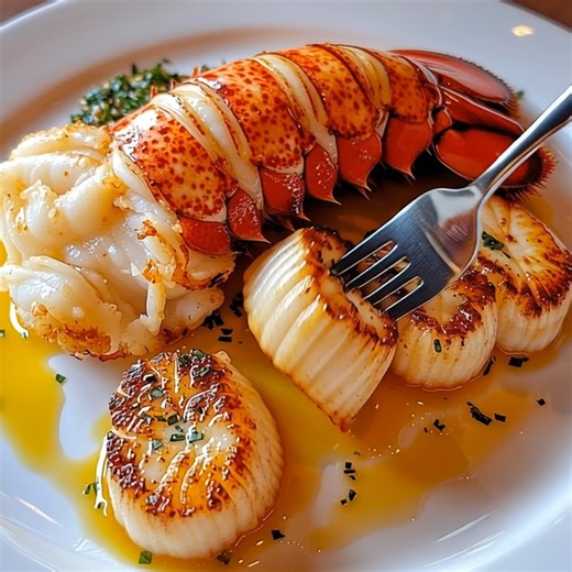 LOBSTER TAIL & SEARED SCALLOPS WITH LEMON BUTTER Elegant, buttery surf & surf made for special occasions. Ingredients: 2 lobster tails, thawed if frozen 1 lb sea scallops, patted dry Salt and black pepper, to taste 2 tbsp olive oil 4 tbsp unsalted butter, divided 3 garlic cloves, minced 1 tbsp lemon juice 1 tsp lemon zest 1 tbsp chopped fresh chives or parsley (for garnish) Directions: 1️⃣ Prep the Seafood: Pat scallops and lobster tails dry. Season lightly with salt and pepper. Cut top of lobst