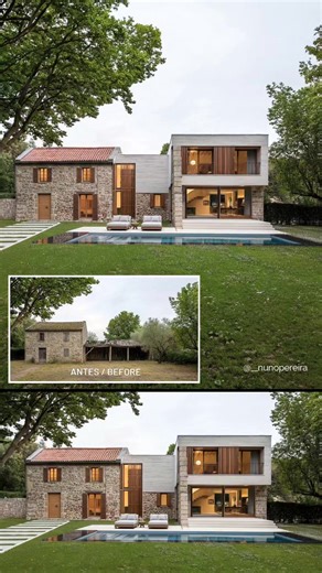 65K views · 1.1K reactions | ️➡️ Antes & Depois Proposta Visual | Design Um espaço onde a tradição encontra a modernidade. A estrutura original em pedra foi preservada, enquanto novos volumes em betão aparente e linhas depuradas trouxeram um design contemporâneo e funcional. O resultado? Um diálogo entre passado e presente que redefine a essência deste lar. ✨ #Design #Renovação #AntesEDepois #Contemporâneo | Nuno Pereira | Facebook