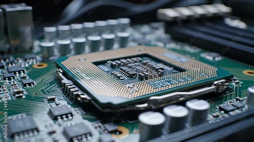 Microchip components on a computer motherboard sizzle in precision engineering, capturing the concept of technological innovation and data processing perfection, ideal for illustrating AI.