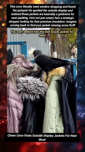Clever Crow Finds Outside Display Jackets For Nest Wool​#CleverCrow #SmartAnimals #UrbanWildlife