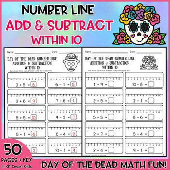 Day of the Dead Number Line Addition and Subtraction Within 10 Worksheets K-1