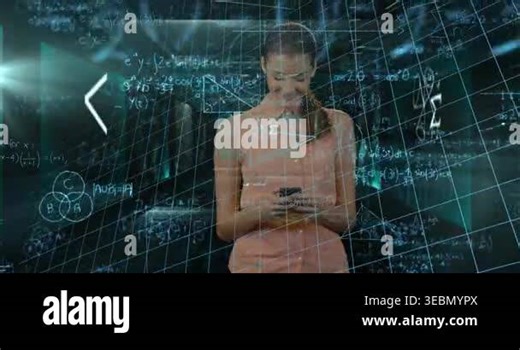 Animation of mathematical equations over caucasian woman using smartphone on black background. Education, learning and digital interface concept digitally generated video Stock Video Footage - Alamy