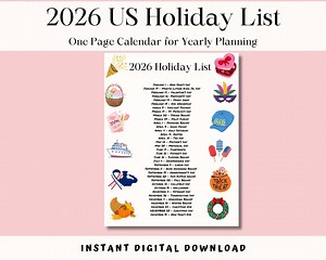 2026 Holiday List Printable: One-page Calendar for Yearly Planning (PDF Download) - Etsy