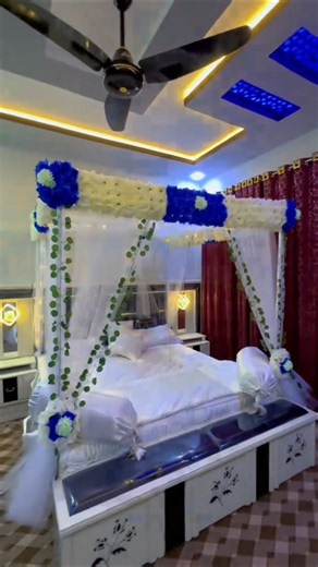 White Blue Canopy Room 2026 🤍💙 Flower Bed + Dressing + LED Lights | Royal Bridal Decor