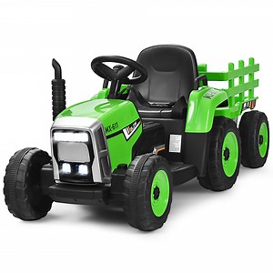 Costway 12V Kids Ride On Tractor with Trailer Ground Loader w/Remote Control &LED Lights Green