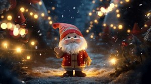 The winter elf stands in the illuminated forest. Animated snow and lights. Loop animation. One minute.