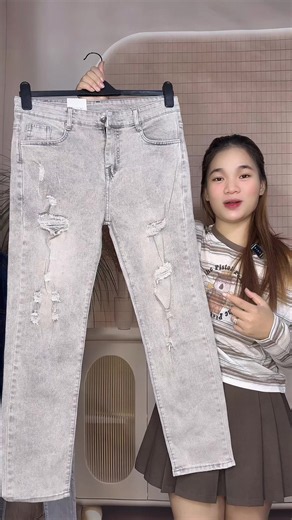Quần jean nam xám lông chuột W - Jeans rách ôm dáng, cạp cao