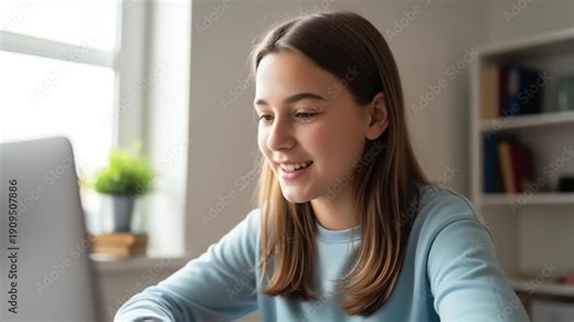 Teen Girl Using Webcam for Video Call at Home